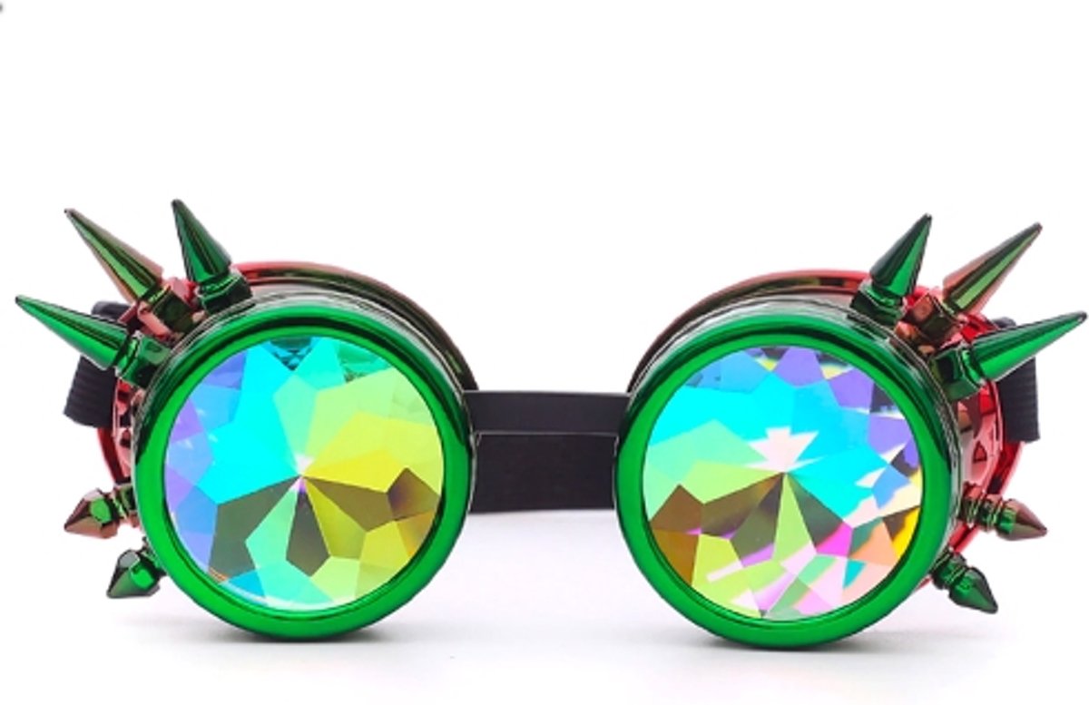 Steampunk bril goggles caleidoscoop - groen rood spikes - cannabis