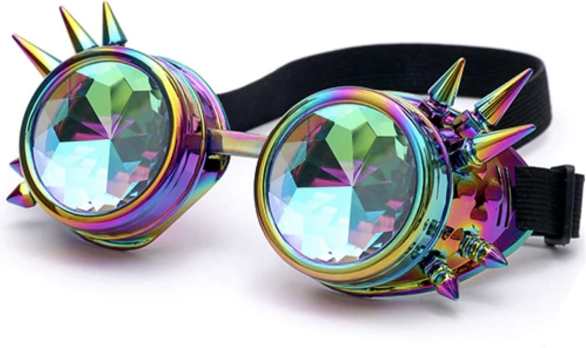 Steampunk bril goggles caleidoscoop - oliekleuren met spikes - regenboog kaleidoscoop rave holografisch burning man festival
