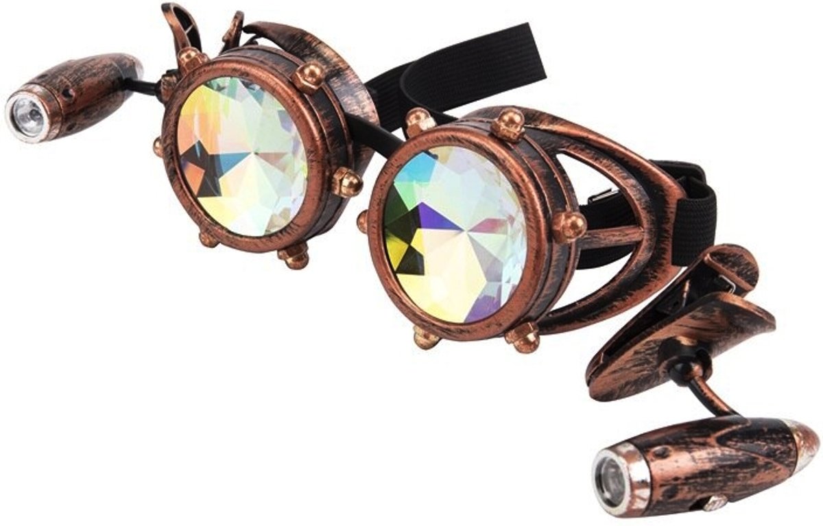 Steampunk bril goggles caleidoscoop koper - met led lampjes - kaleidoscoop holografisch rave burning man festival