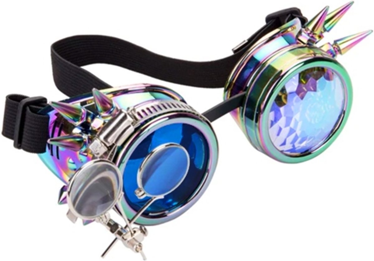 Steampunk bril goggles caleidoscoop oliekleurig spikes en vergrootglas