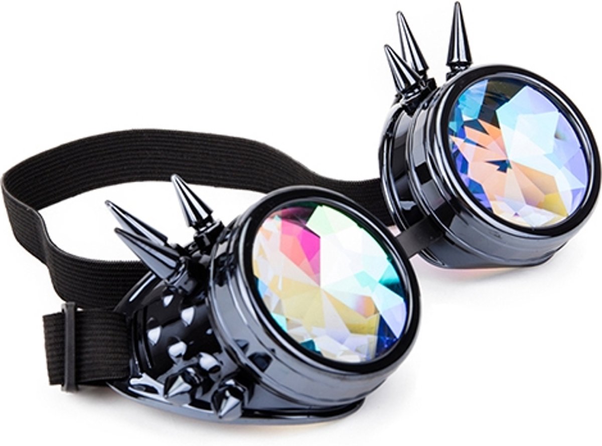 Steampunk bril goggles kaleidoscoop - antraciet met spikes - gunmetal chroom caleidoscoop rave holografisch burning man festival