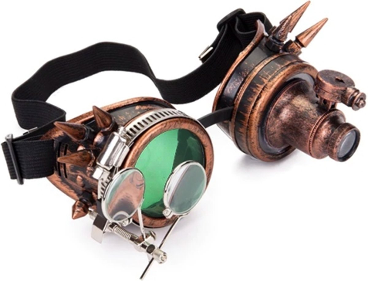 Steampunk bril goggles koper - led lampje, vergrootglas en groen glas