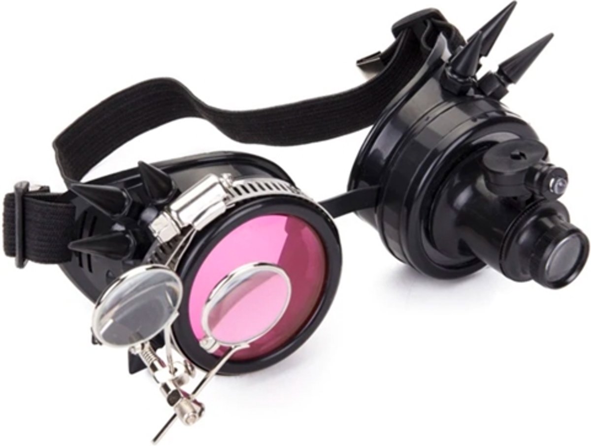 Steampunk bril goggles zwart - led lampje, vergrootglas en roze glas