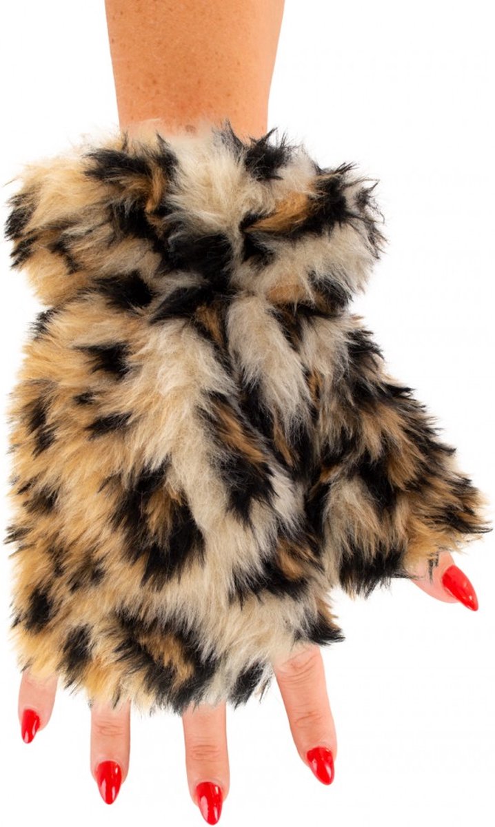 Vingerloze handschoenen pluche panterprint - handschoen zonder vingers