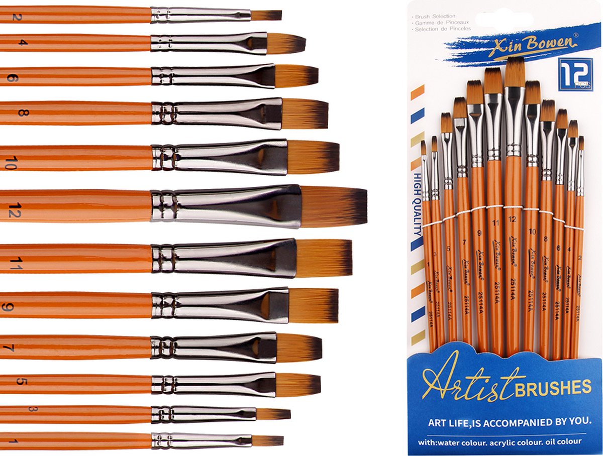 Penselen - Set van 12 stuks - Recht - Kwasten - Verven - Schilderen - Waterverf, Olieverf en Acrylverf