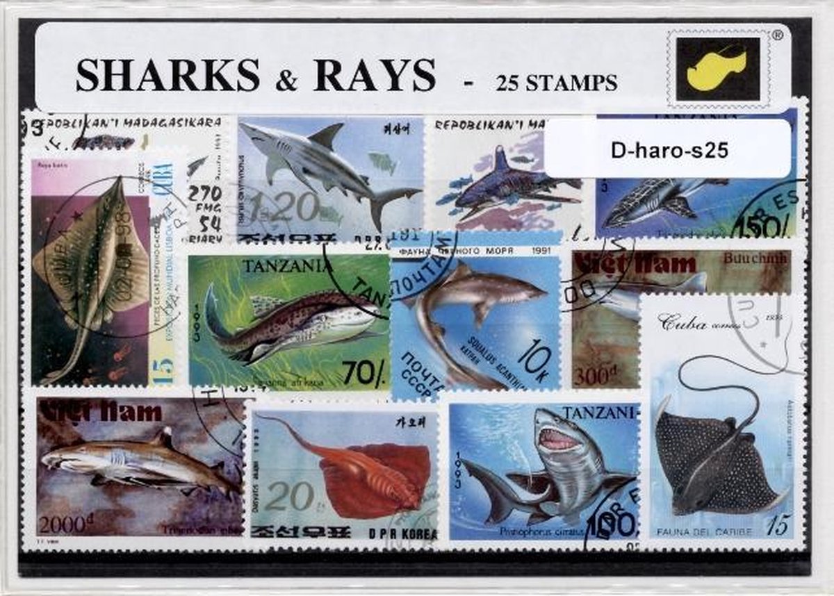 Haaien & Roggen – Luxe postzegel pakket (A6 formaat) - collectie van 25 verschillende postzegels van haaien & roggen – kan als ansichtkaart in een A6 envelop. Authentiek cadeau - kado - kaart -zeezoogdier - roofvis - rog - Elasmobranchii