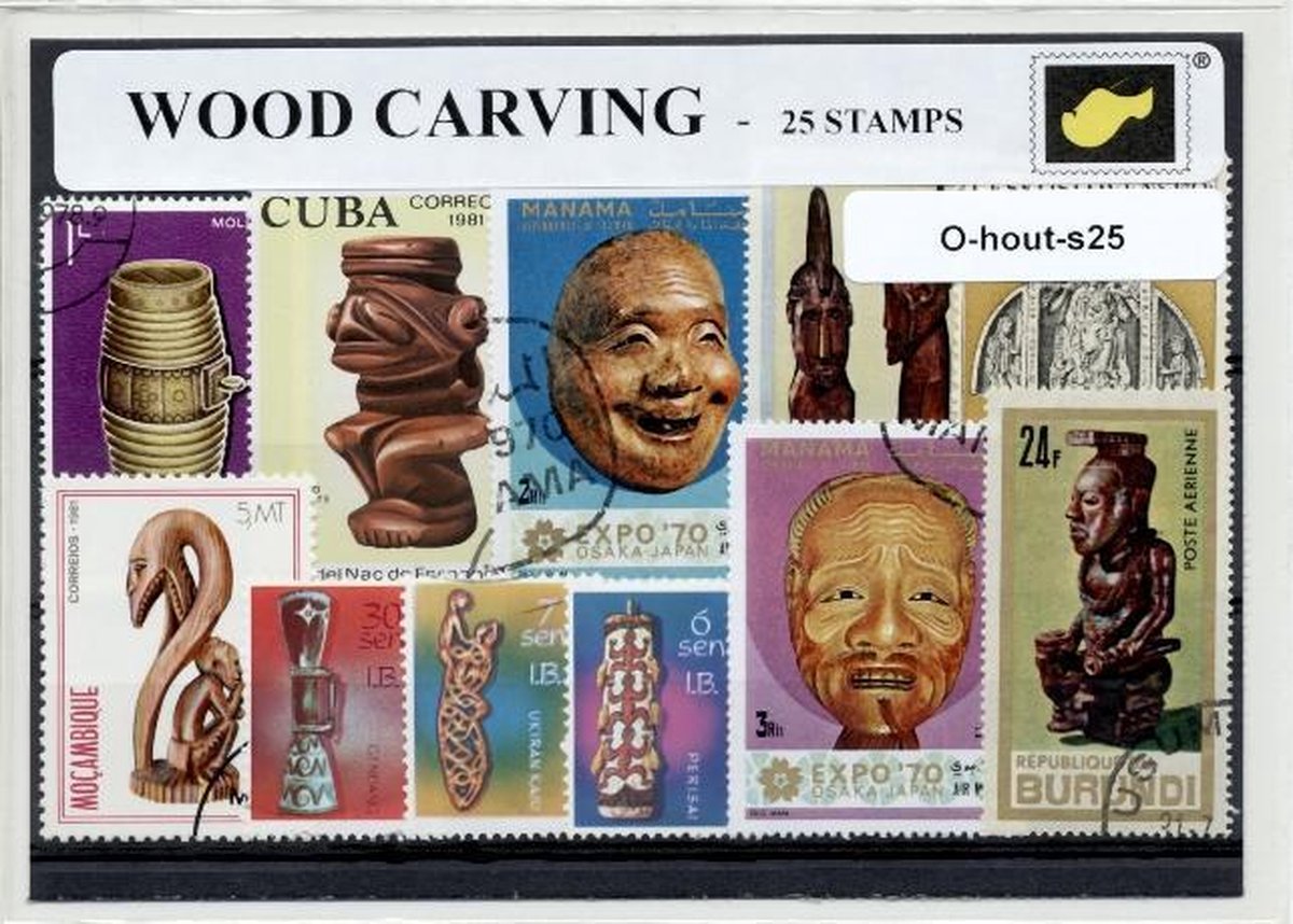 Houtsnijwerk – Luxe postzegel pakket (A6 formaat) : collectie van 25 verschillende postzegels van houtsnijwerk – kan als ansichtkaart in een A6 envelop - authentiek cadeau - kado - geschenk - kaart - timmerman - kunst - hout
