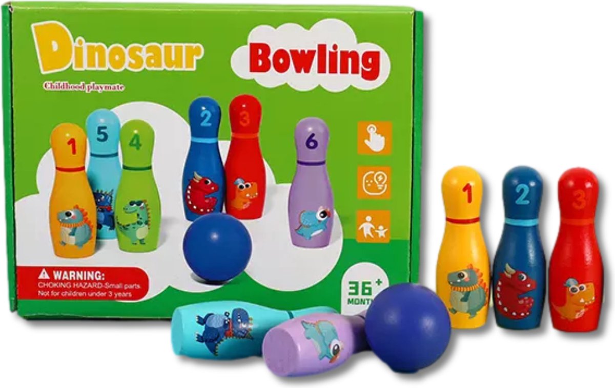 Dinosaurus Bowlingset Kinderen - Houten Mini Kegelspel voor Peuters - Houten Speelgoed - Dinosaurus Speelgoed