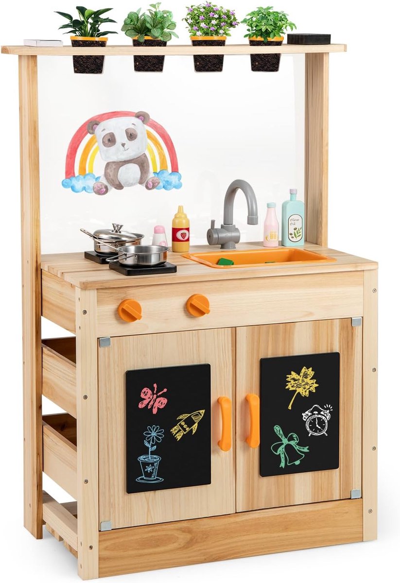 KOMFOTTEU Modderkeuken Houten - speelkeuken outdoor - met plantenpotten, kookplaten, afneembare spoelbak, krijtborden en accessoires - buitenkeuken - buiten speelkeuken - -voor tuin en binnenplaats - voor kinderen