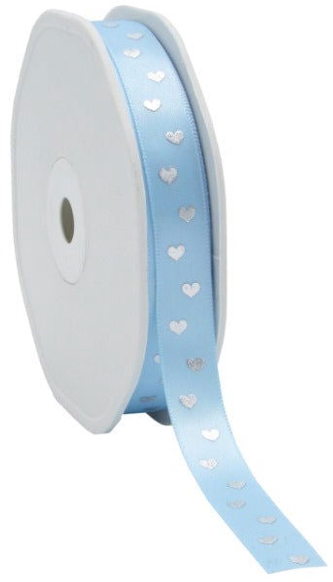 Babyblauw Satijnlint met Hartjes - 12 mm x 25 meter