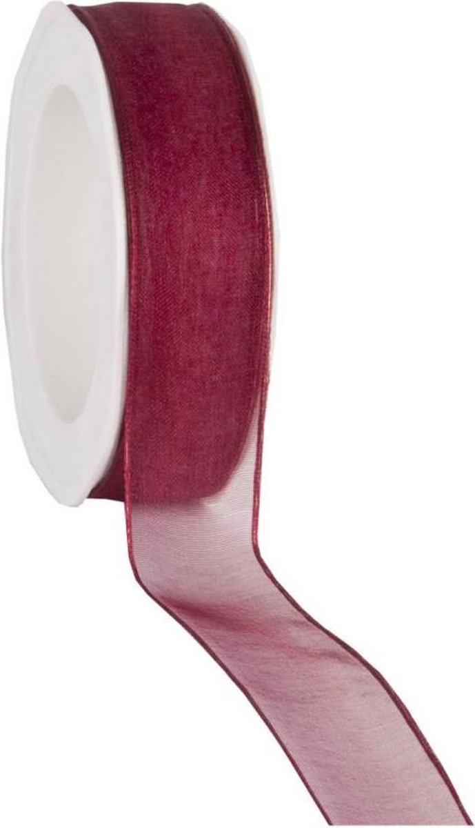 Wired organzalint Wijnrood 25 mm / 20 mtr. Organza lint met draad