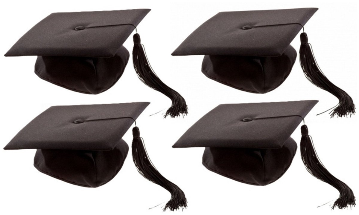 Kruger Luxe afstudeer geslaagd hoedjes - 4x - zwart - 28 x 28 cm - volwassenen - diploma
