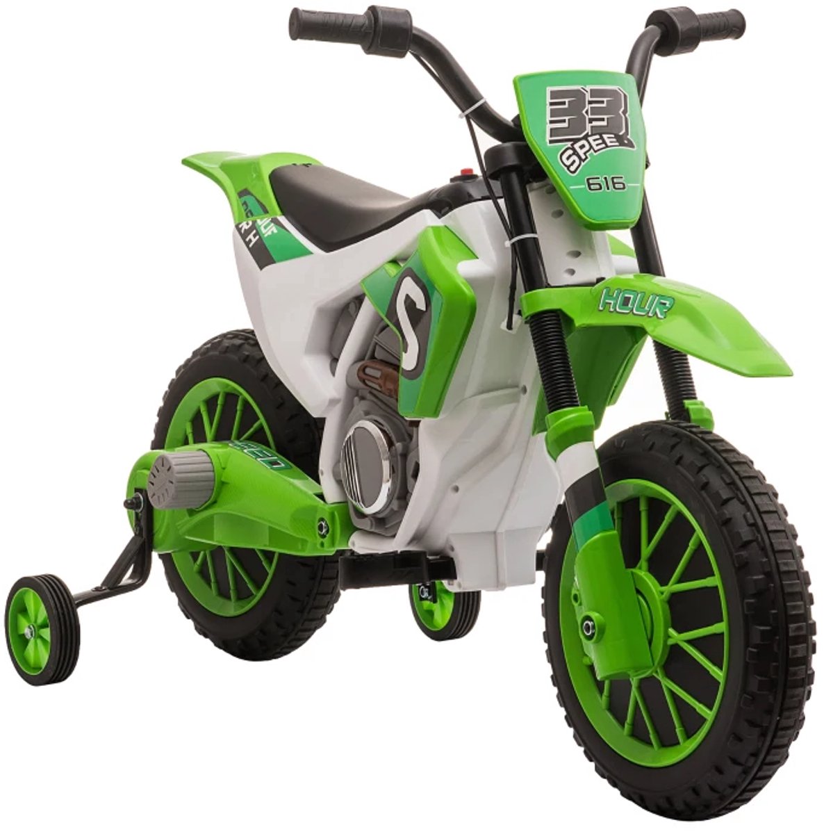 Elektrische Kindermotor - Kindermotorfiets - Kinderauto - 12V Accu - tot 3-8 km/u - Kinderen vanaf 3 jaar - met Zijwieltjes - Motorfiets - Accuvoertuigen - Kindervoertuig - Groen+Wit
