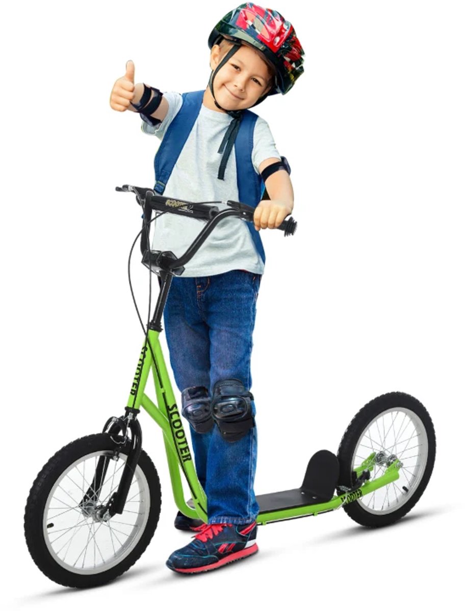 Kinderstep - Kinderstepjes met 16-inch luchtbanden en Handrem - Step - Stadsstep - Stuurhoogte: 90-96 cm - Speelgoed Jongens/Meisjes 5-12 jaar - Draagkracht tot 100 kg - Groen