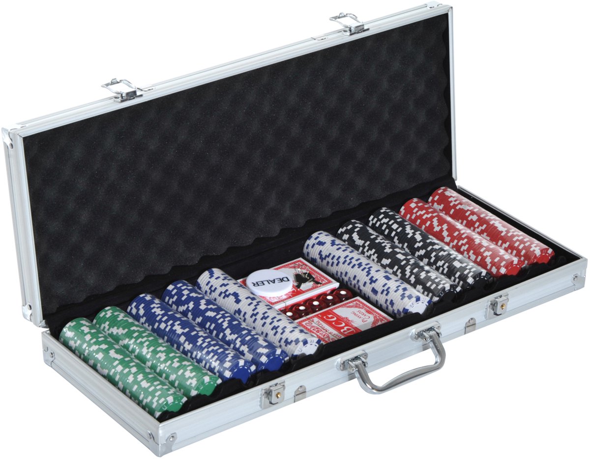 Luxe  , met 500 pokerfiches 2 kaartspellen 5 dobbelstenen, aluminium koffer 55,5 x 22 x 6,5 cm, voor pokeravonden en spelletjesavonden