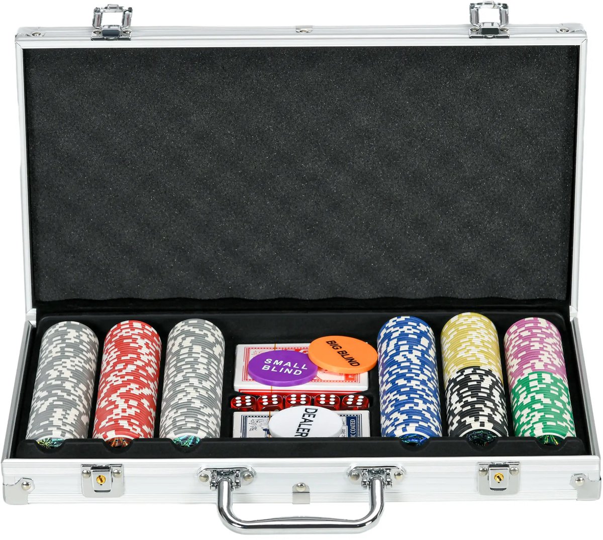 Luxe Pokerset met 300 Chips - 2 Kaartspellen - 5 Dobbelstenen - Aluminium Koffer met Voetstuk - 38 x 23 x 6,5 cm - Pokerchips Complete Set - Pokerspel - Kaartspellen - voor Texas Holdem, Blackjack