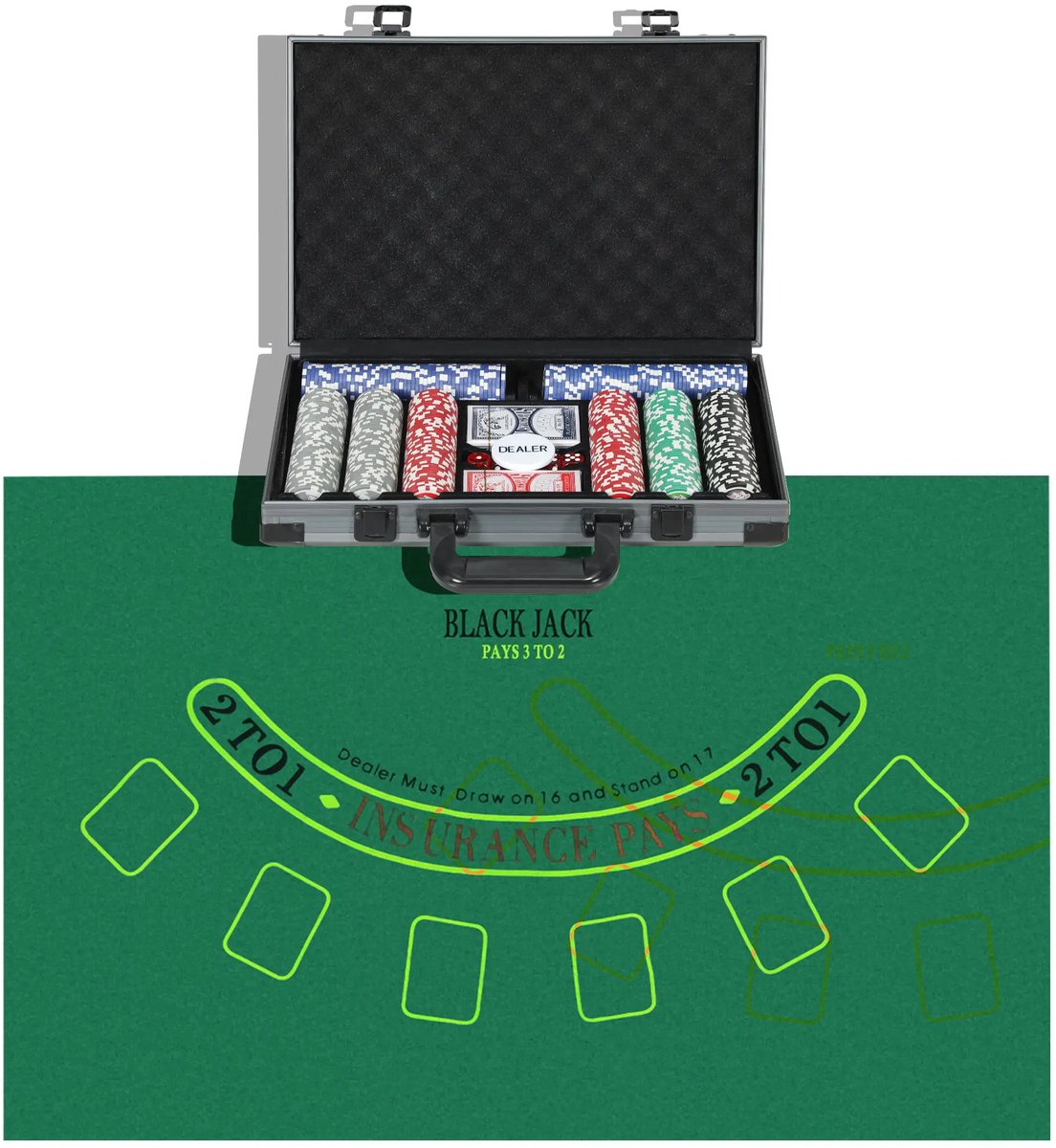 Luxe Pokerset met 400 Chips - 2 Kaartspellen - 5 Dobbelstenen - Aluminium Koffer met Dealerschijf en Speelmat - 39,5 x 28 x 8 cm - Pokerchips Complete Set - Pokerspel - Kaartspellen - voor Texas Holdem, Blackjack
