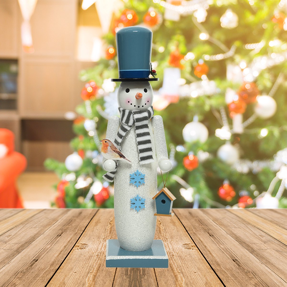 Houten sneeuwpop met vogel - 38CM