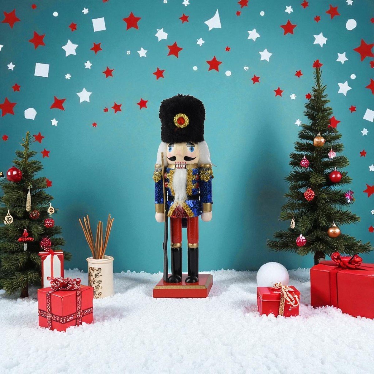 Vurenhouten Notenkraker met pailletten en geweer – 25 cm - Blauw