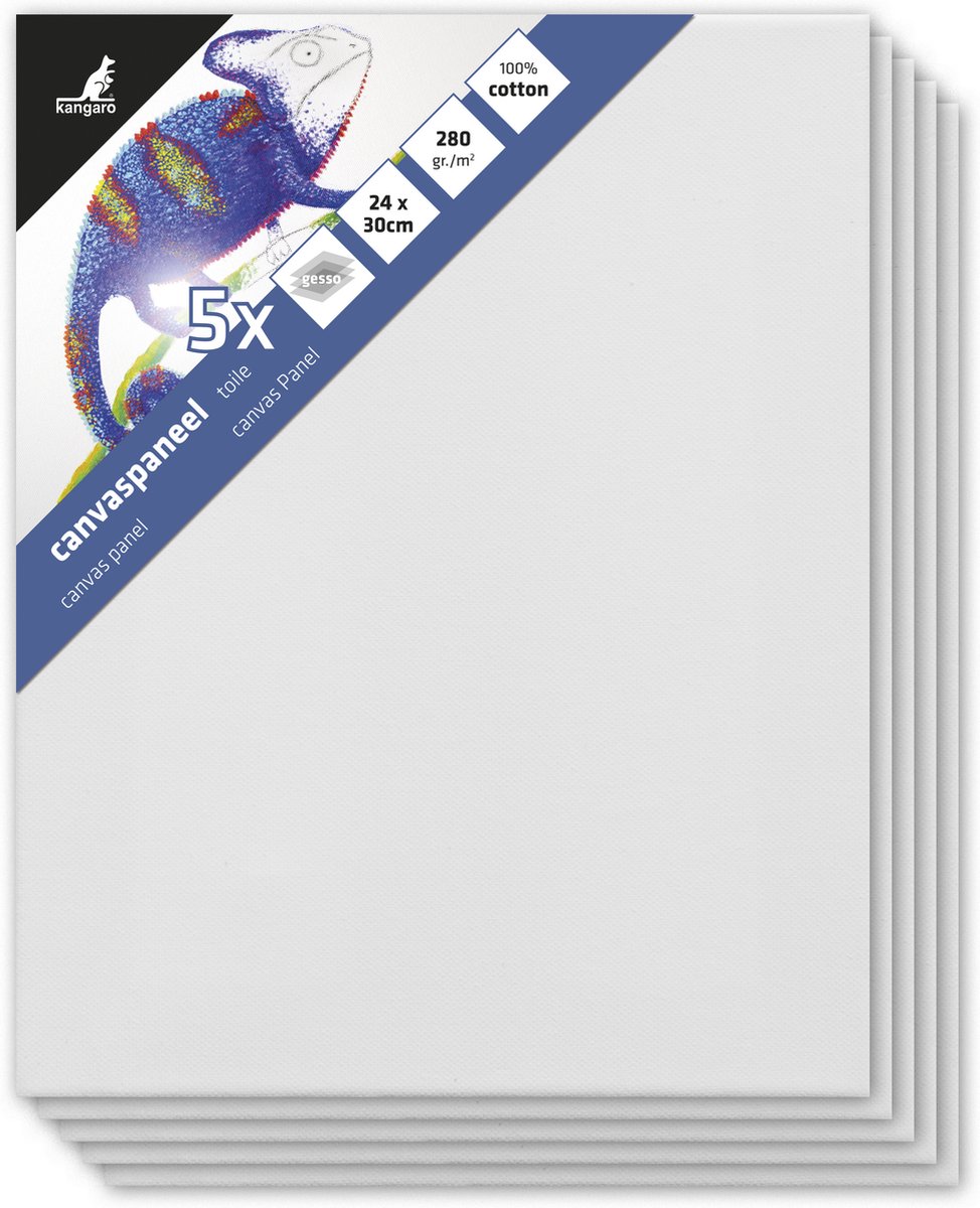 Kangaro canvaspaneel - 24x30 cm - 5 stuks - 3mm board - 280gr katoen - 3x primed - K-802430