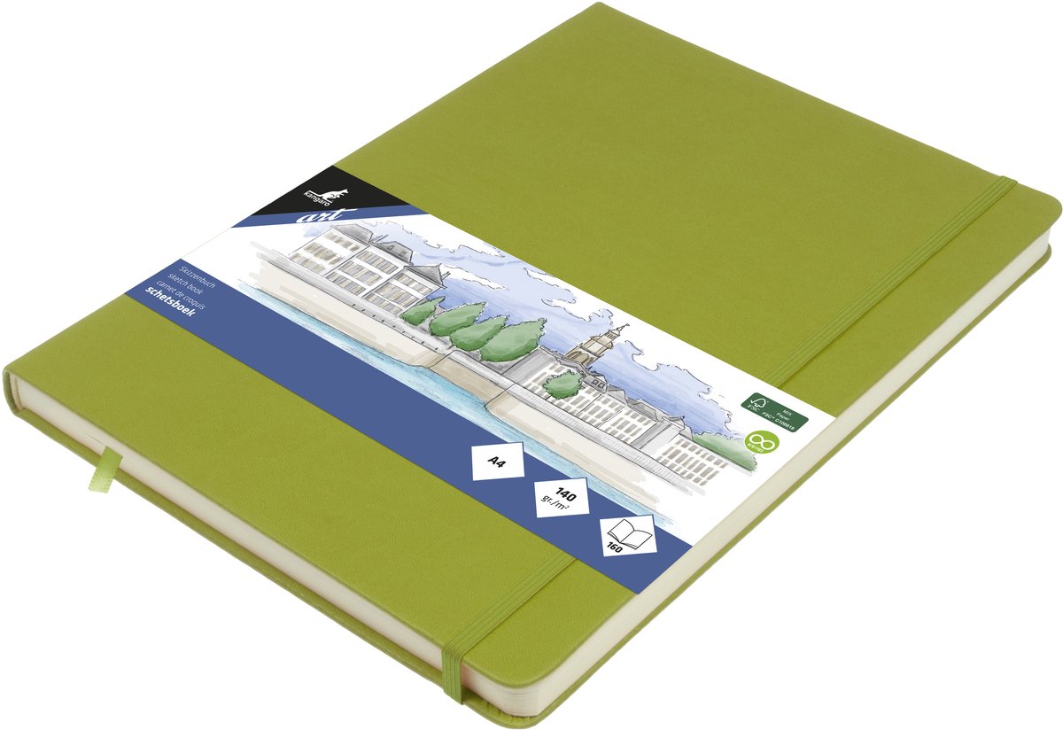 Kangaro schetsboek A4 - lime green - hardcover kaft - met elastiek en lint - K-861249