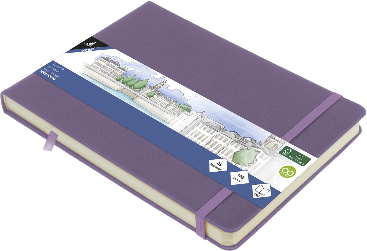 Kangaro schetsboek A5 liggend - heather purple - met elastiek en lint - K-861313