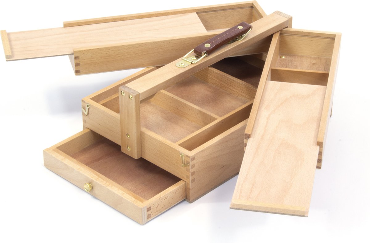   schilderskist - multifunctioneel - 3 lagen, 4 laden - beukenhout met handvat - 23.5x13x34cm - K-830051