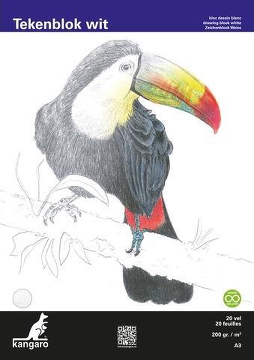 Tekenblok Kangaro A3 200 gr 20 vel wit fijne korrel kopgelijmd K-5332