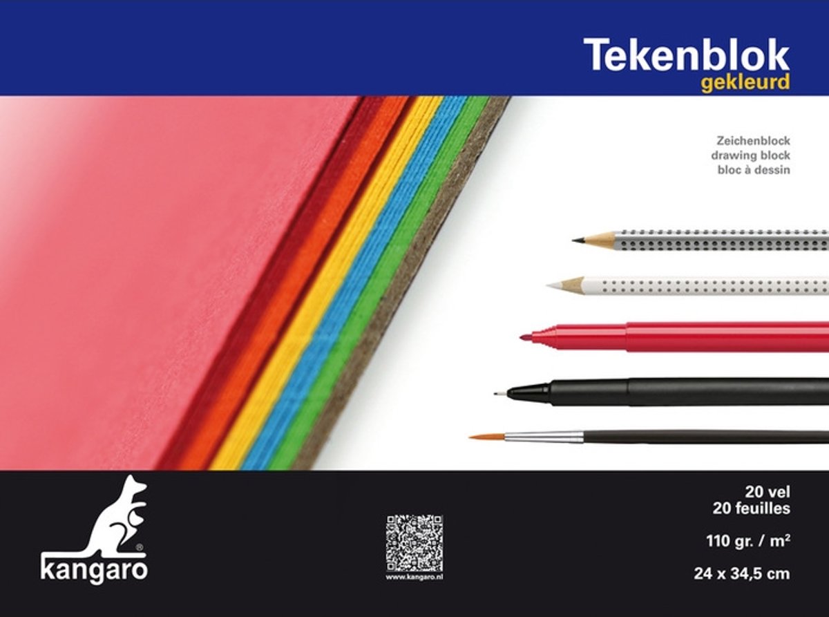Tekenblok Kangaro A4+ (24x34,5cm) 110 gram 20 vel assorti