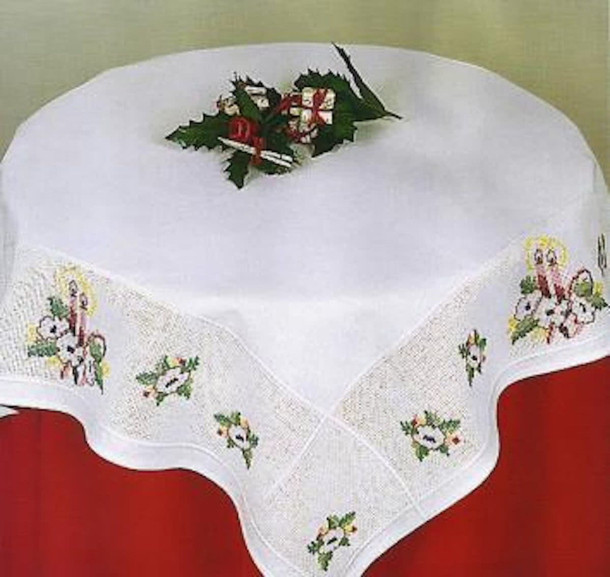 dekservet 85164 kaarsen met bloemen, wit met aida rand