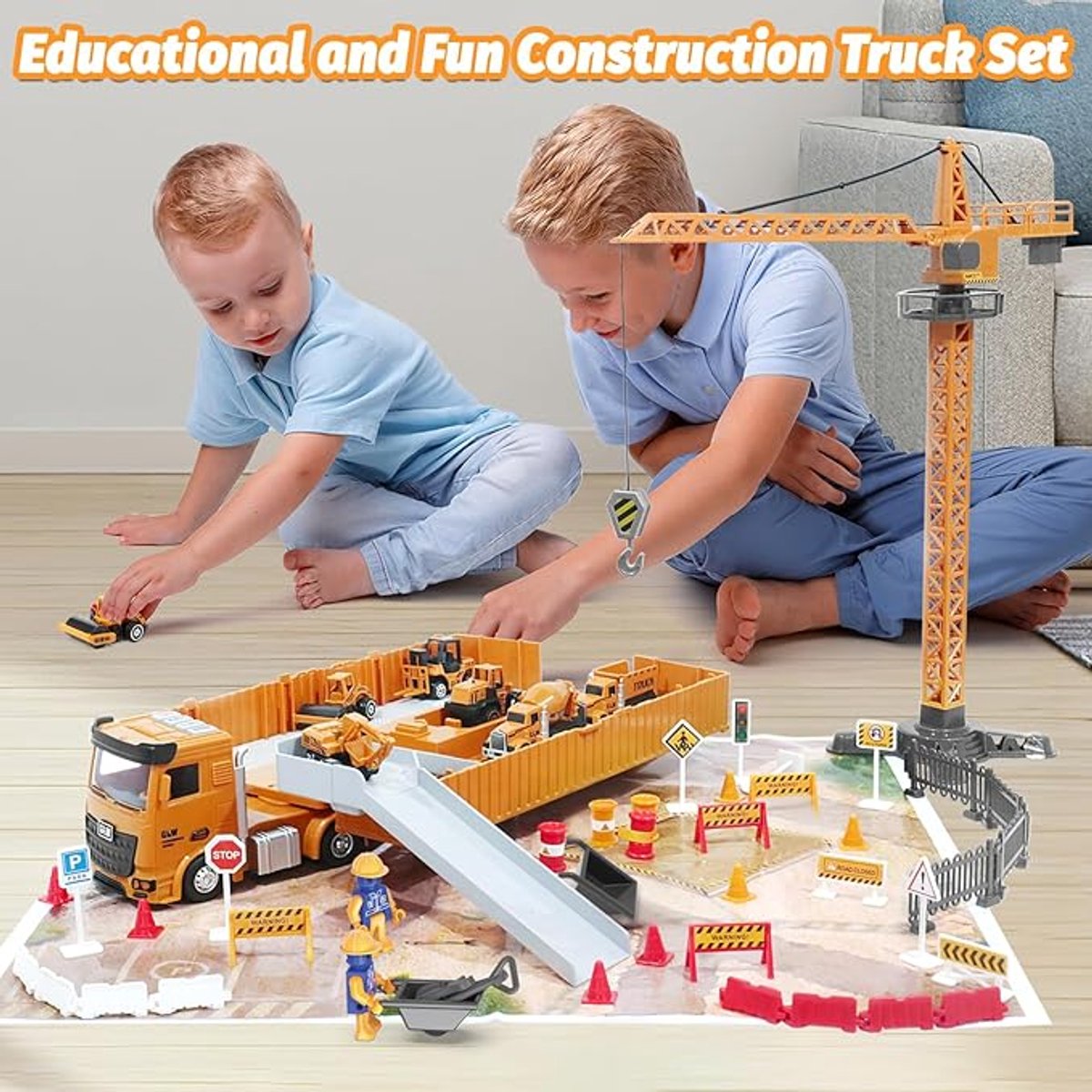 Bouwvrachtwagenset met cargo-vrachtwagen, bulldozer, tractor, vorkheftruck, mixer, graafmachine, kraan en kiepwagen - geweldig cadeau