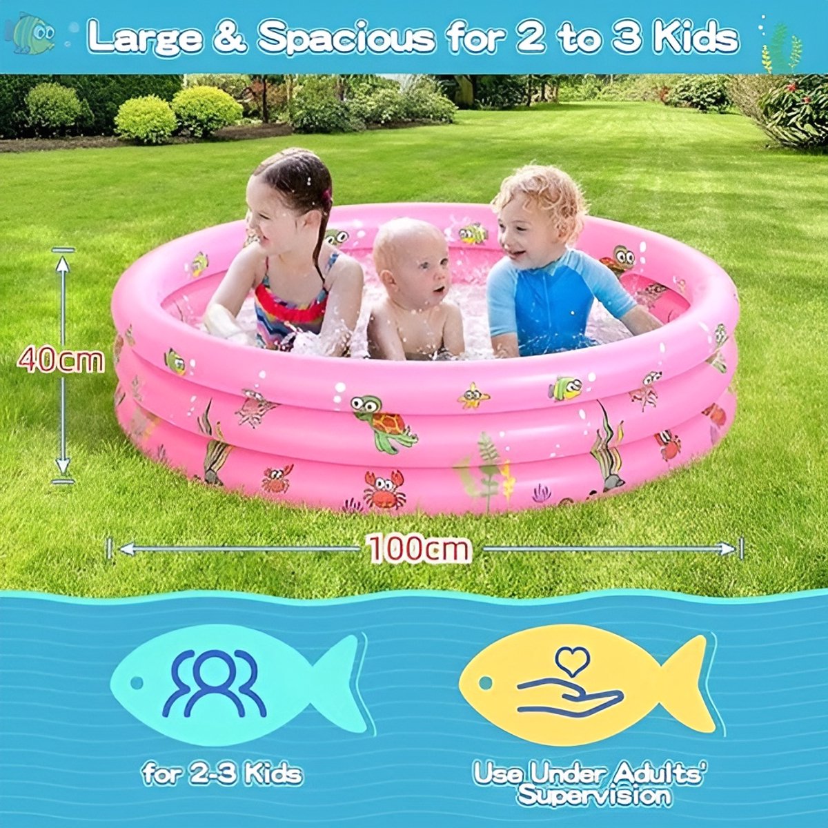 Opblaasbaar kinderbadje, 100 x 40 cm, opblaasbaar zwembad, 3 ringen, kinderbad, opblaasbaar kinderzwembad, babyzwembad, draagbare badkuip, kinderbadje