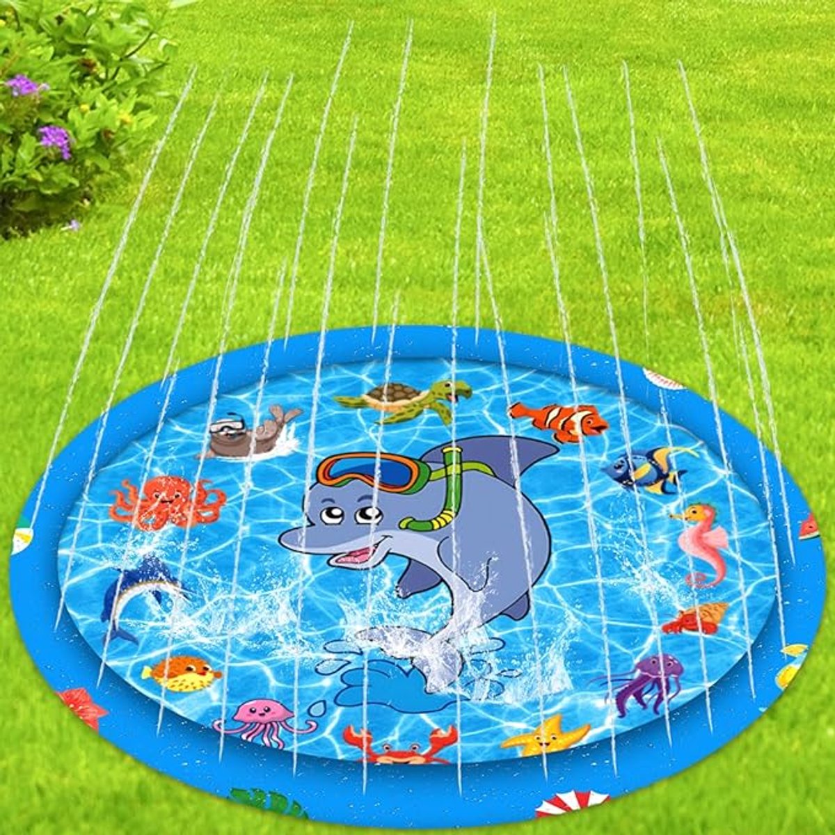 Splash Pad 170 cm waterspeelmat voor kinderen, sprinklmat, watersproeimat voor tuin, sprinkler mat voor zwembad, fonteinmat, hond, waterspeelgoed kinderen voor babys, huisdieren