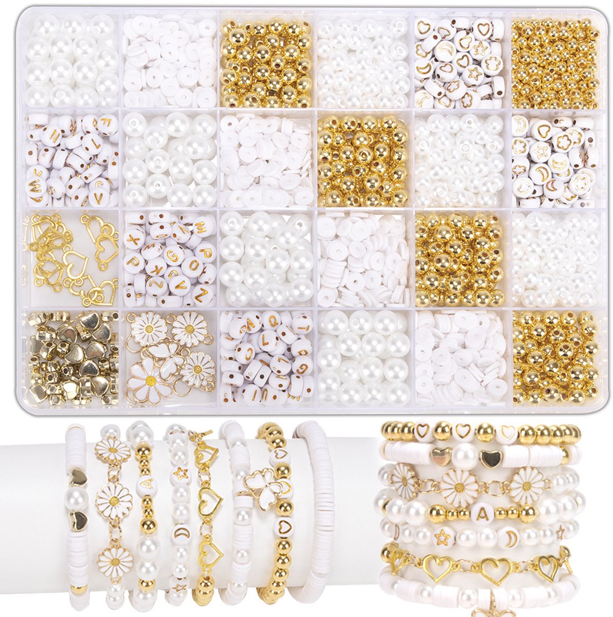 Kralen Set 1000 Delig voor Sieraden maken - Alfabetkralen, Gouden Kralen, Imitatieparels, Hartjes & Madeliefbedels + 6m Elastisch Koord - Kasey
