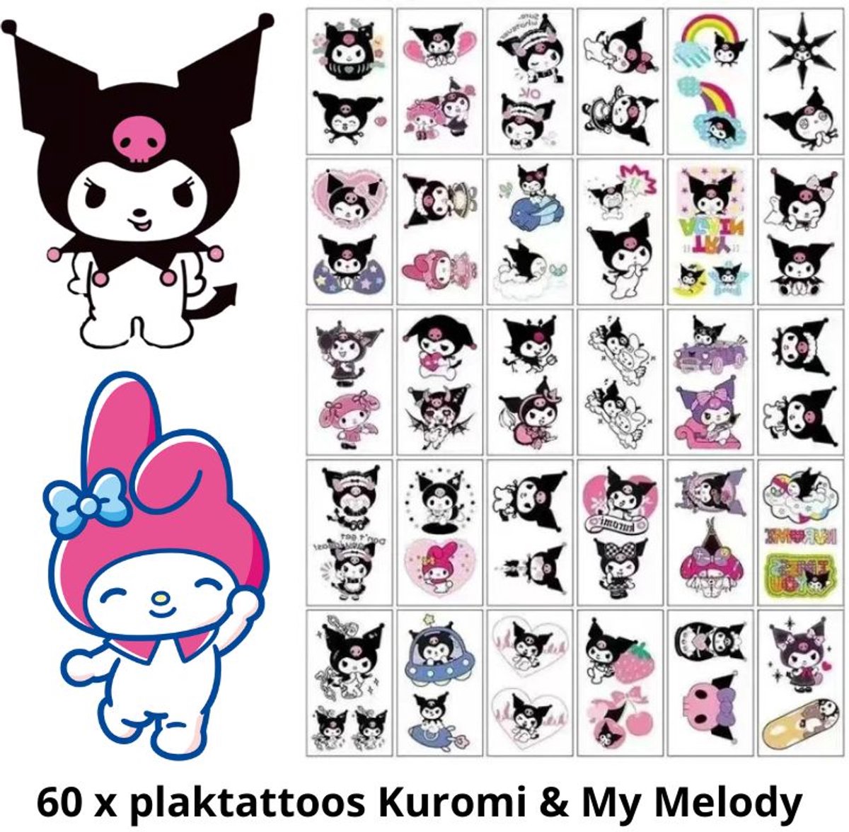 Tijdelijke Tattoos Kuromi & My Melody – 60 plakplaatjes op 30 vellen – Sanrio neptattoos voor kinderen – Kawaii Cartoons