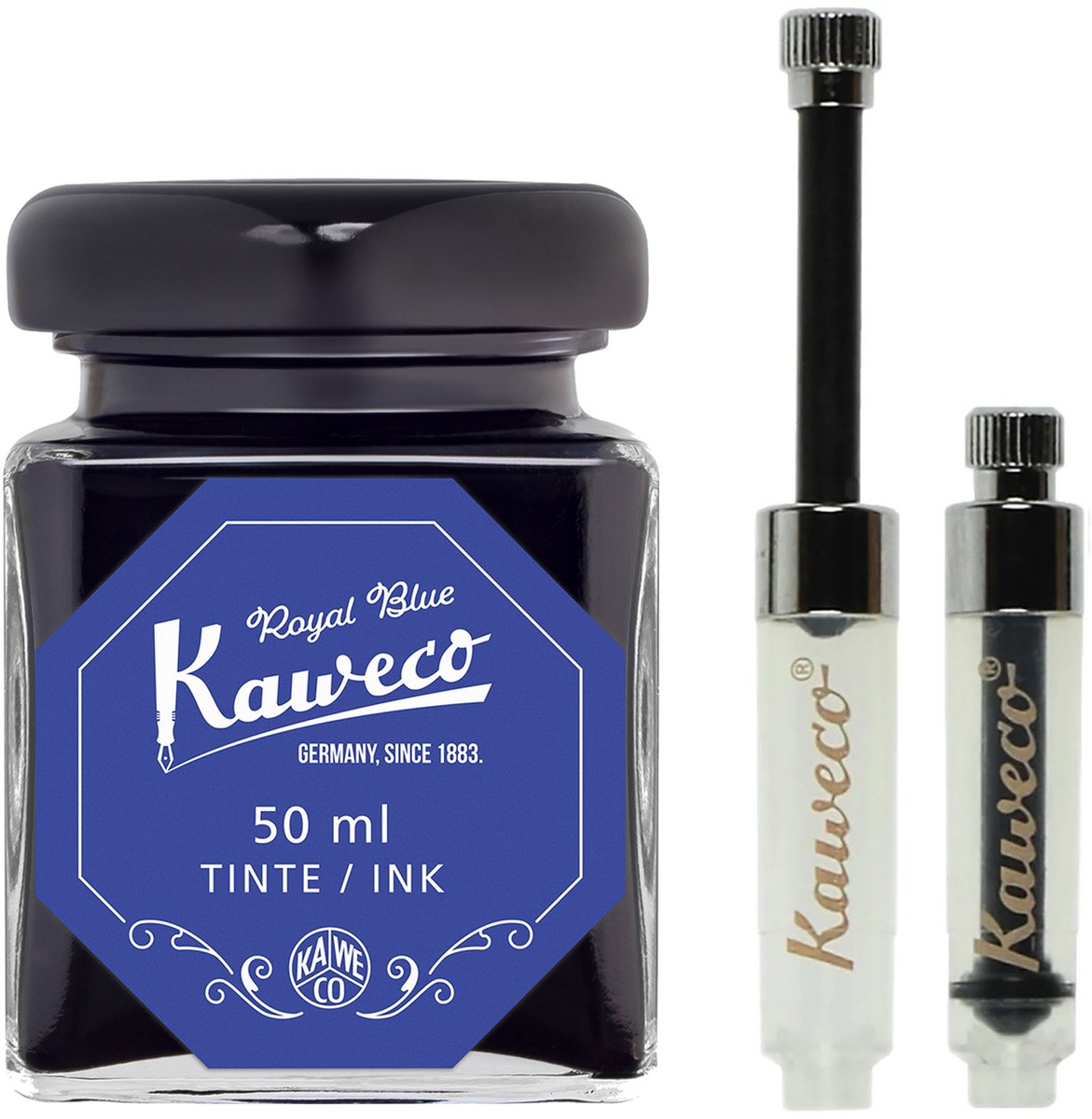 Kaweco - Ink bottle en Mini Converter - Royal Blue - potje vulpeninkt - Blauwe originele Kaweco-inkt in 50 ml glas