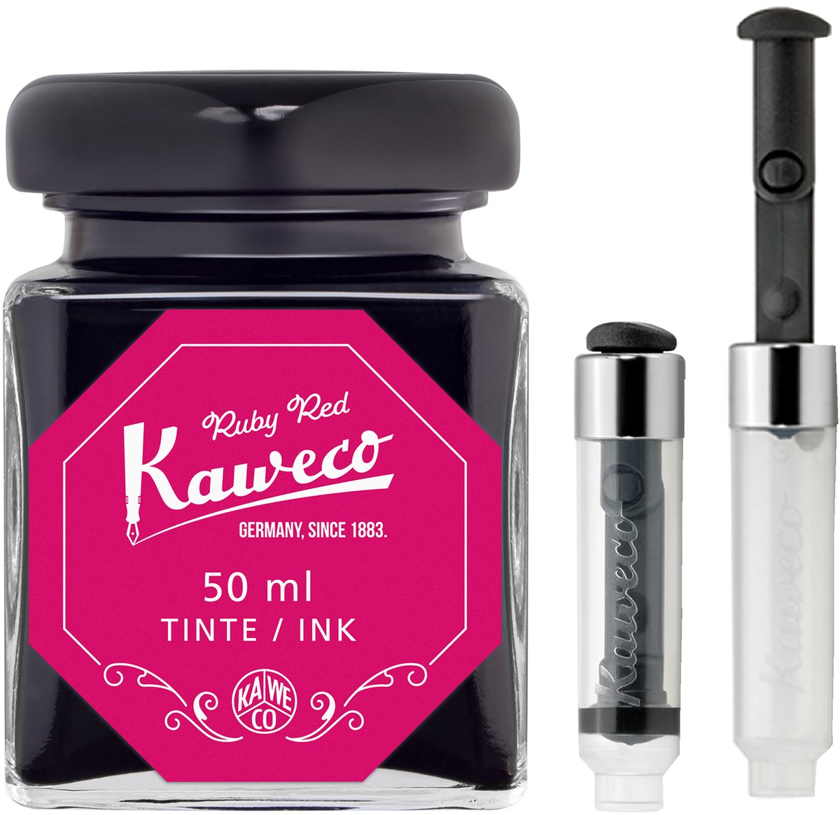 Kaweco - Ink bottle en Mini Converter inklapbaar - Ruby Red - potje vulpeninkt - Rode originele Kaweco-inkt in 50 ml glas