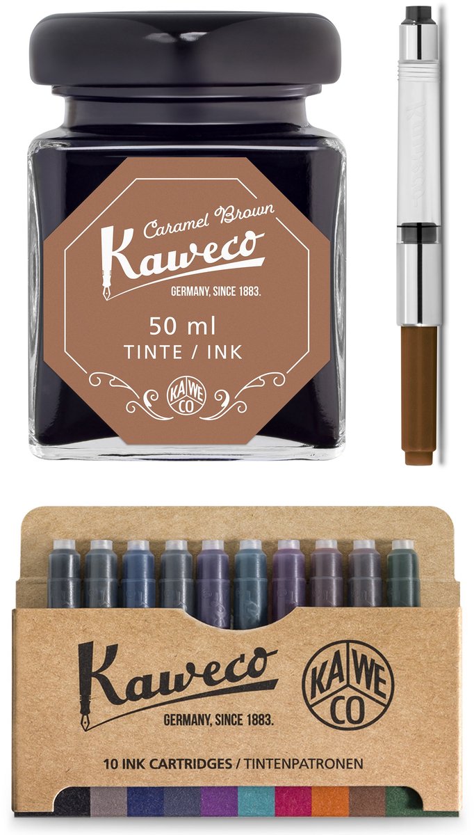 Kaweco - Ink bottle en Standaard Converter - Caramel Brown - potje vulpeninkt - Bruine originele Kaweco-inkt in 50 ml glas - Converter met bruine achterkant - doosje 10 patronen