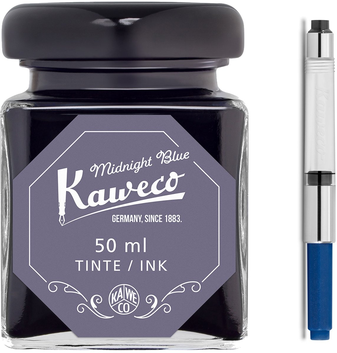 Kaweco - Ink bottle en Standaard Converter - Midnight Blue - potje vulpeninkt - Midnight Blue originele Kaweco-inkt in 50 ml glas - Converter met Midnight Blue achterkant