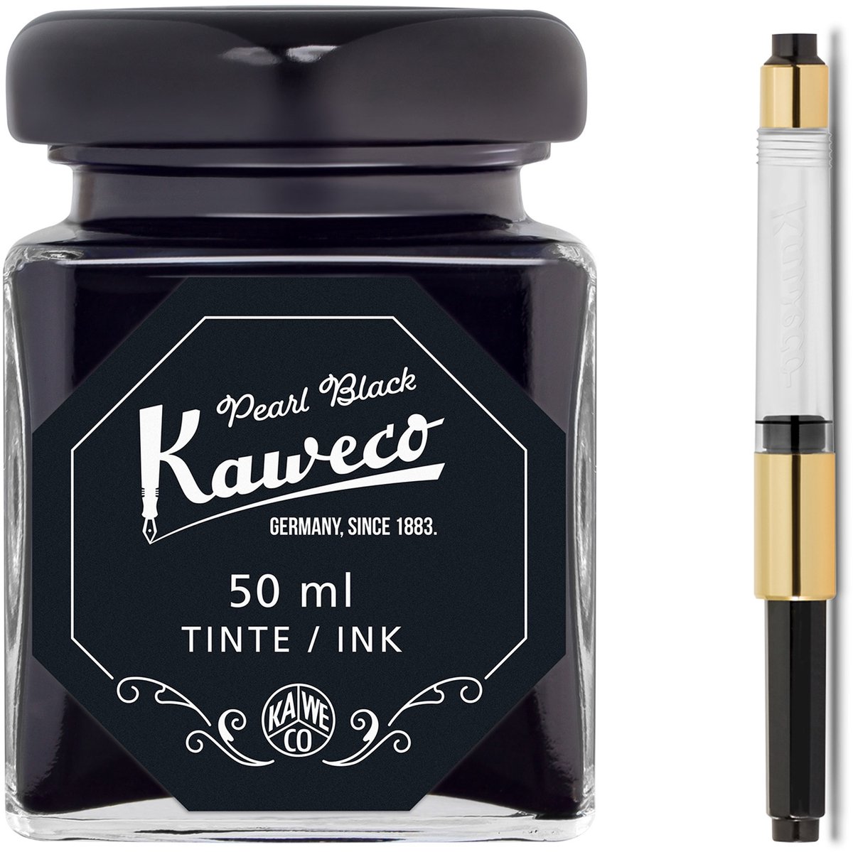 Kaweco - Ink bottle en Standaard Converter - Pearl Black - potje vulpeninkt - Zwarte originele Kaweco-inkt in 50 ml glas - Converter gold met zwarte achterkant