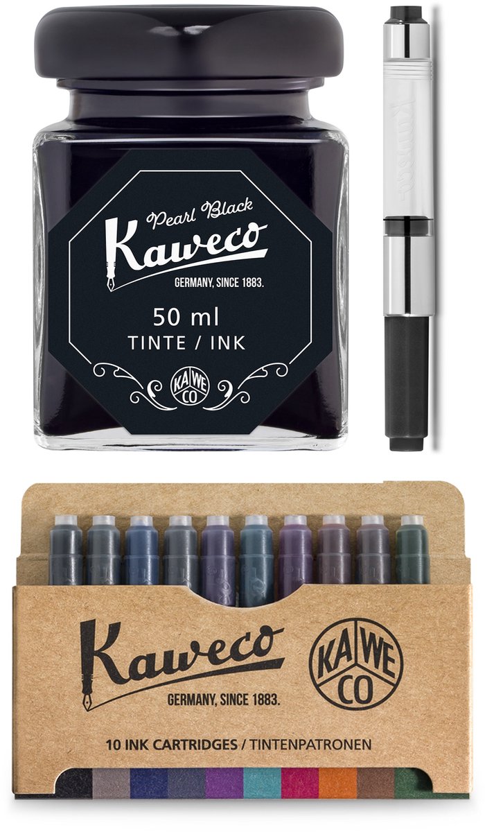 Kaweco - Ink bottle en Standaard Converter - Pearl Black - potje vulpeninkt - Zwarte originele Kaweco-inkt in 50 ml glas - Converter met zwarte achterkant - doosje 10 patronen