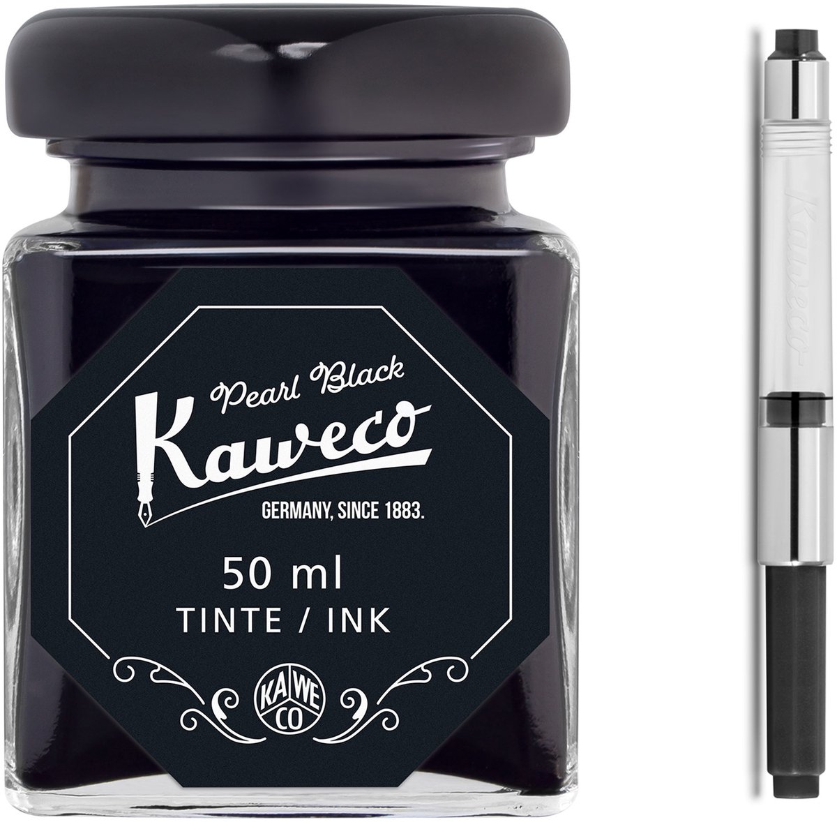 Kaweco - Ink bottle en Standaard Converter - Pearl Black - potje vulpeninkt - Zwarte originele Kaweco-inkt in 50 ml glas - Converter met zwarte achterkant