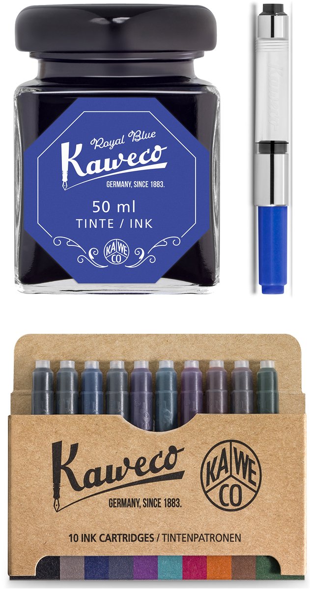 Kaweco - Ink bottle en Standaard Converter - Royal Blue - potje vulpeninkt - Blauwe originele Kaweco-inkt in 50 ml glas - Converter met blauwe achterkant - doosje 10 patronen