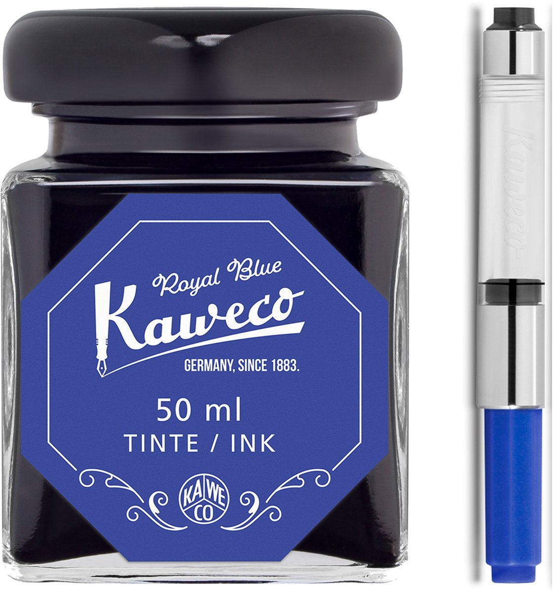 Kaweco - Ink bottle en Standaard Converter - Royal Blue - potje vulpeninkt - Blauwe originele Kaweco-inkt in 50 ml glas - Converter met blauwe achterkant
