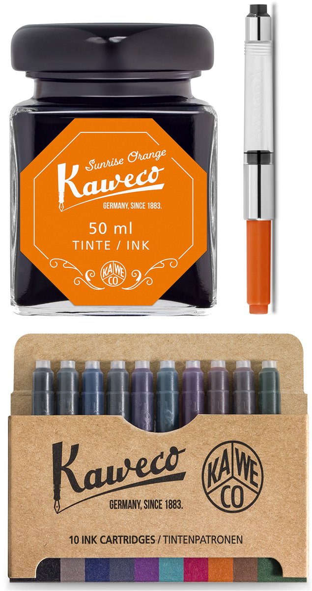 Kaweco - Ink bottle en Standaard Converter - Sunrise Orange - potje vulpeninkt - oranje originele Kaweco-inkt in 50 ml glas - Converter met oranje achterkant - doosje 10 patronen