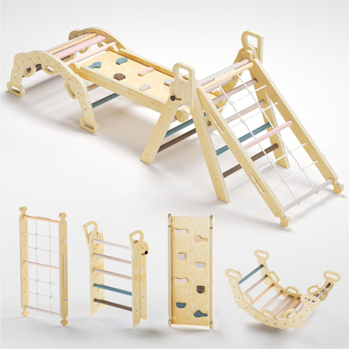  ® Houten   – 7 in 1 - Kleurrijke driehoek met glijbaan – Klimboog – Gemaakt van Nieuw-Zeelands grenenhout – Speeltoestel voor binnen – Gym voor peuters – Educatief houten speelgoed