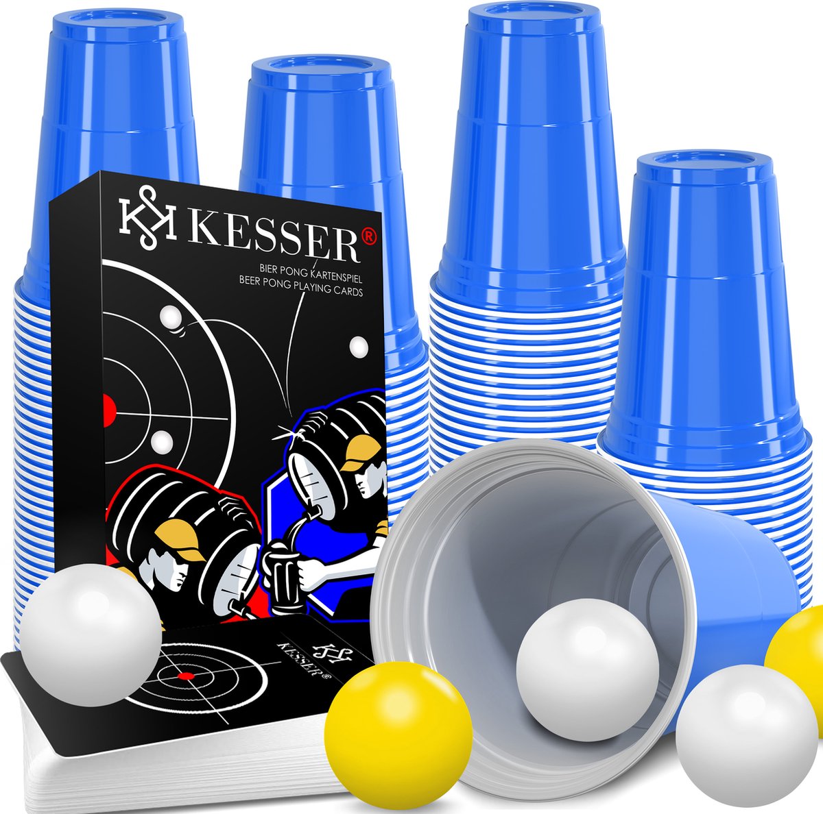 KESSER® Beer Pong Cup Set met Kaart Set 54 Kaarten, Bier Pong Drinkspellen Party Cup Sets (100 kopjes 473ml + 10 ballen) Bier Pong Cups voor Volwassenen Spelavond Verjaardagsfeestje Spel Bruiloft - Blauw