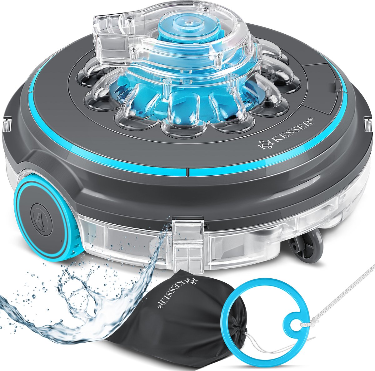 KESSER® Zwembadrobot accu Aqua-9000 incl. transporttas, Stofzuiger voor zwembaden tot 80m², Li-Ion accu max. 75 min, Zwembadreiniger snoerloze zwembadstofzuiger vloerreiniging volautomatische vloerstofzuiger - Antraciet