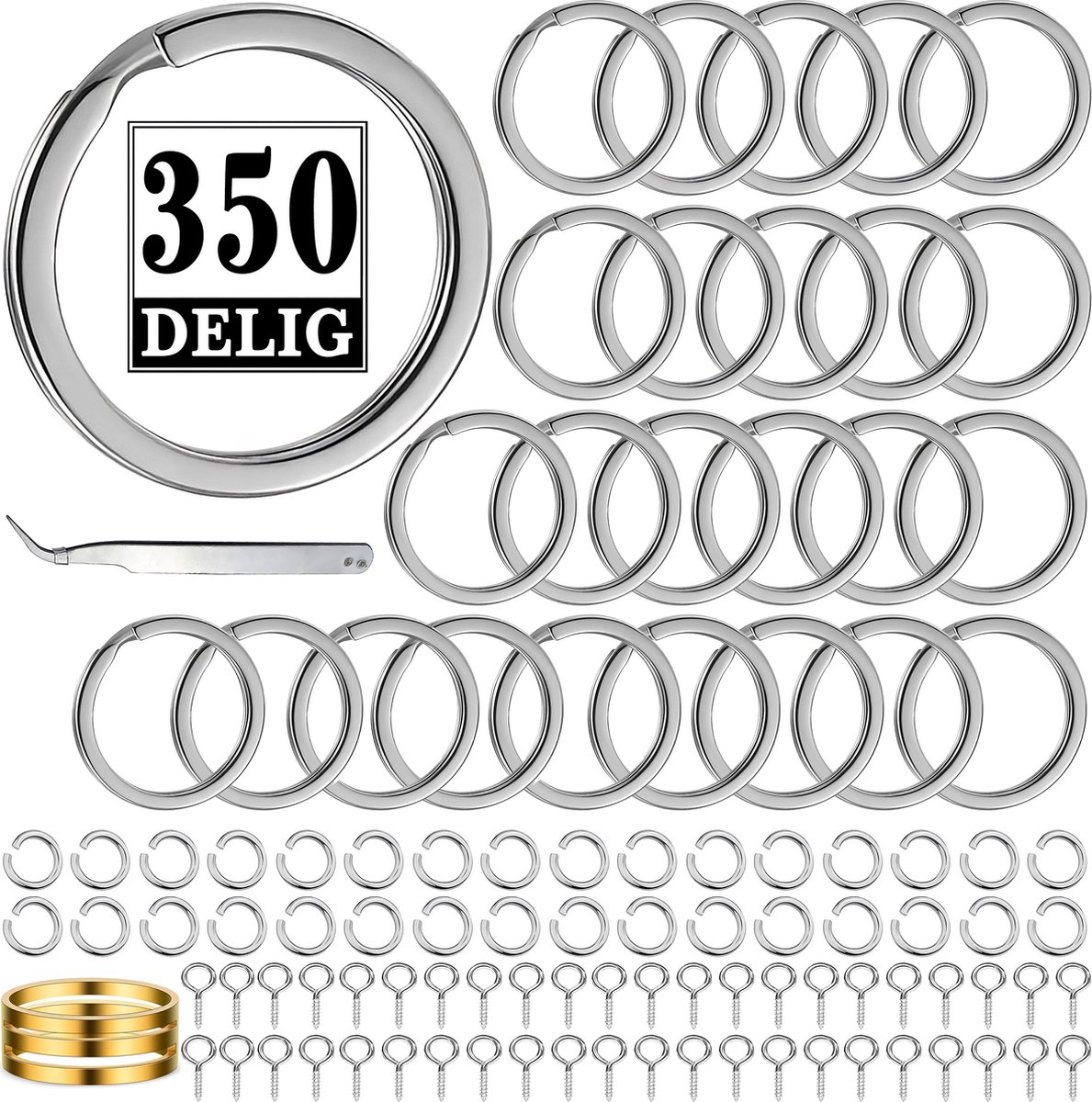 100 Stuks Platte Sleutelringen, 100 Open Springringetjes & 50 Schroefoogjes - 350-Delig DIY Sleutelhangers Ringen Set - Keychain Sleutels Maken - Splitringen voor Hobby & Sleutellabels - Metalen Keyrings Knutselen - 25mm - Zilver