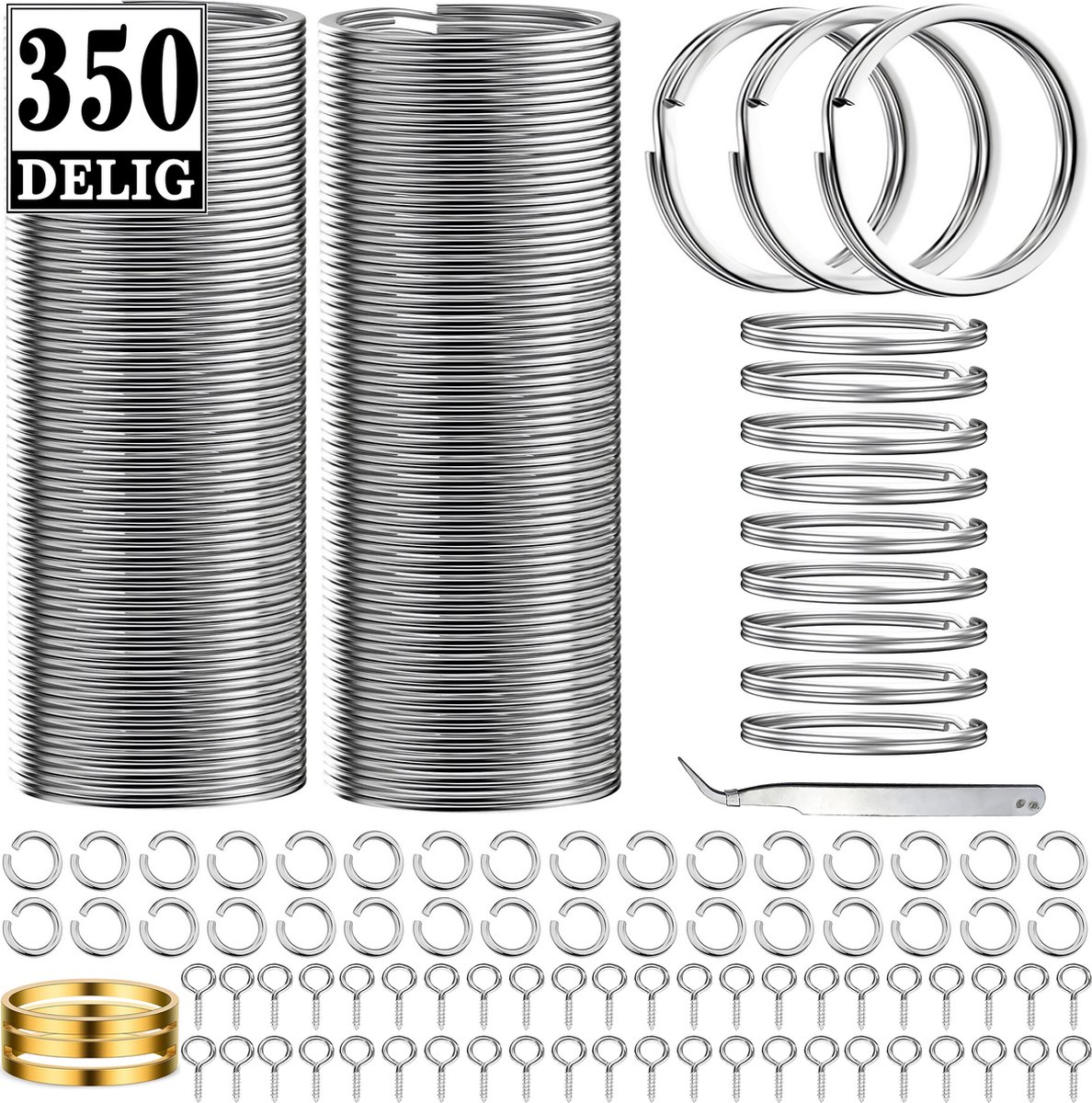 100 Stuks Sleutelringen, 100 Open Springringetjes & 50 Schroefoogjes - 350-Delig DIY Sleutelhangers Ringen Set - Keychain Sleutels Maken - Splitringen voor Hobby & Sleutellabels - Metalen Keyrings Knutselen - 25mm - Zilver